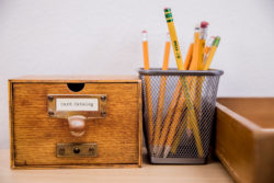 card catalog and pencil cup